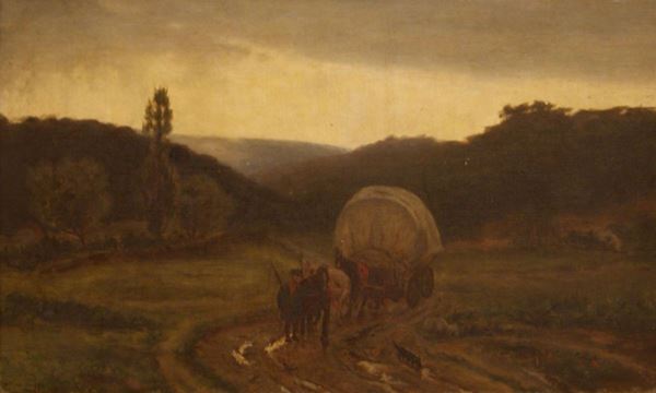 Scuola nordeuropea, sec. XIX  PAESAGGIO CON CARROZZA  olio su tela, cm 33x50   firma illeggibile
