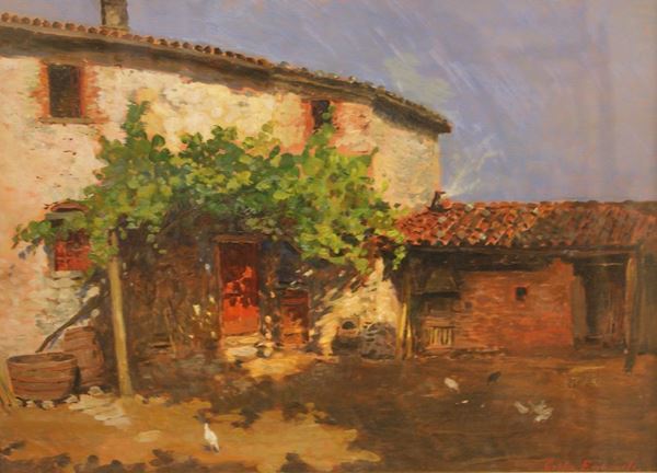 Emanuele Costa (Firenze 1875-1959)  CORTILE CON ANIMALI  olio su tavoletta, cm 37,5x50