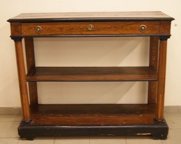 Console, Italia centrale, sec. XIX, in noce intarsiato, con colonne nella parte anteriore, due sottopiani, un cassetto, cm 124x43x103, difetti e mancanze