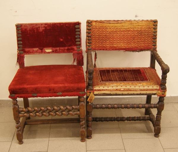 Due poltrone, Spagna, sec. XVIII, in legno, parti tornite(2)