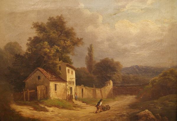 Scuola austriaca, sec. XVIII  PAESAGGIO CON CONTADINI   olio su tela, cm 40x29