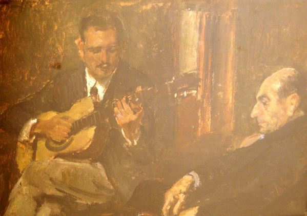 Scuola italiana, sec. XX  FIGURE IN UN INTERNO  olio su tavola, cm 35x48 firma illeggibile  - Asta Antiquariato e Collezionismo - Poggio Bracciolini Casa d'Aste