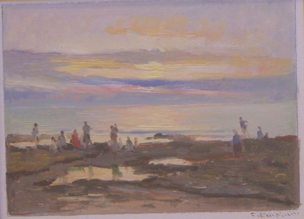 Cafiero Filippelli (Livorno 1889-1973)  PAESAGGIO CON FIGURE  olio su tavola, cm 20x16