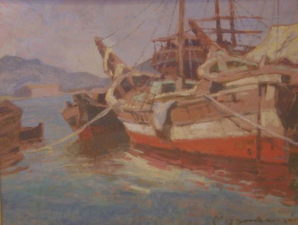 Carlo Domenici (Livorno 1898-Portoferraio 1981) MARINA  olio su masonite, cm 40x30