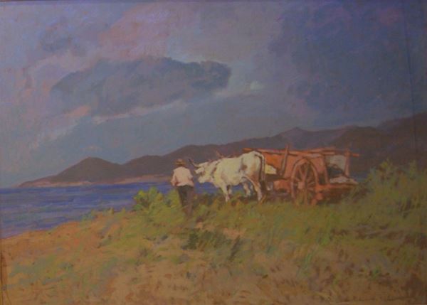Carlo Domenici (Livorno 1898- Portoferraio 1981)  PAESAGGIO CON BUOI  olio su masonite, cm 70x50