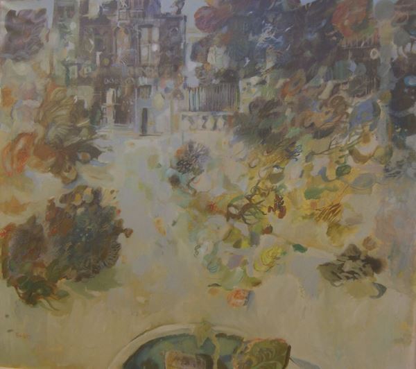 Antonio Possenti (Lucca 1933)  VEDUTA DI GIARDINO  olio su tela, cm 90x80