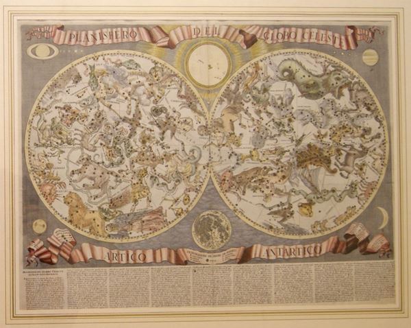 Stampa, sec. XVII  PLANISFERO DEL GLOBO CELESTE  tipografia di Giacomo De Rossi, cm 58x43