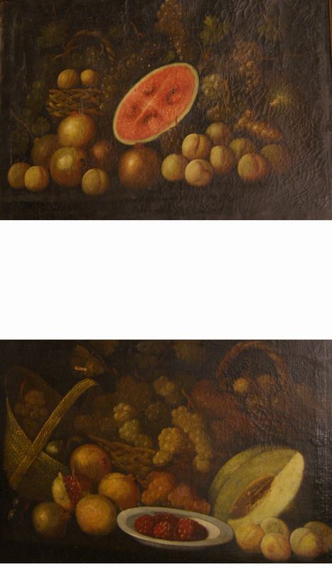 Coppia di dipinti, in stile fiammingo NATURE MORTE CON CESTO DI FRUTTA  olio su tela, cm 63x84
