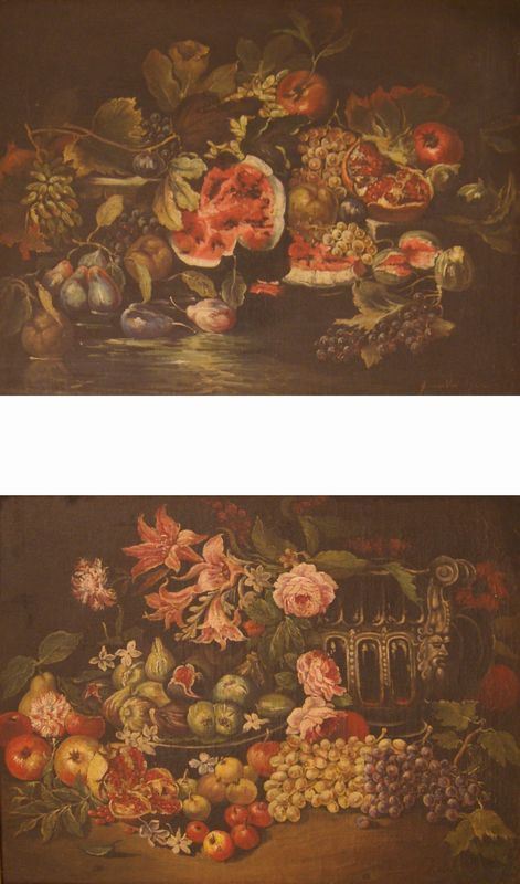 Coppia di nature morte, in stile fiammingo  FIORI E FRUTTA  olio su tela, cm 84x63(2)