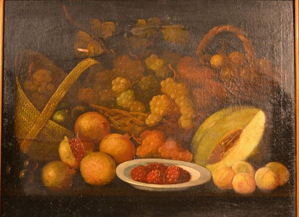 Nello stile della pittura del '600  NATURA MORTA CON CESTO DI FRUTTA  olio su tela, cm 63x84