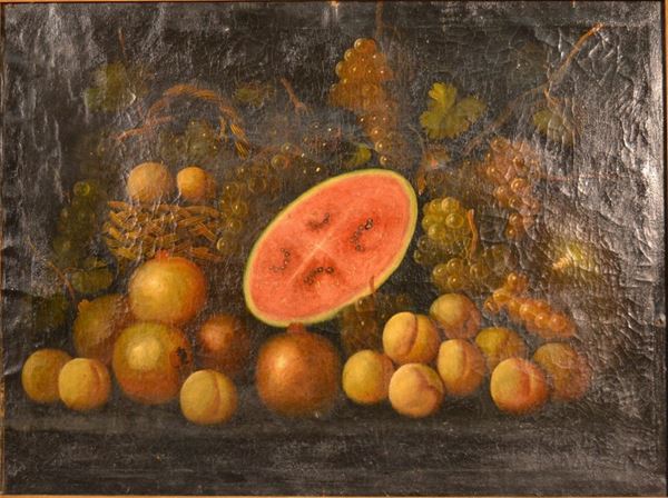 Nello stile della pittura del '600  NATURA MORTA CON CESTO DI FRUTTA  olio su tela, cm 62,5x83