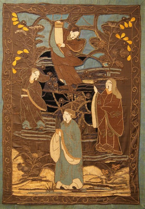 Arazzo orientale, sec. XIX, raffigurante PERSONAGGI, cm 125x177, difetti