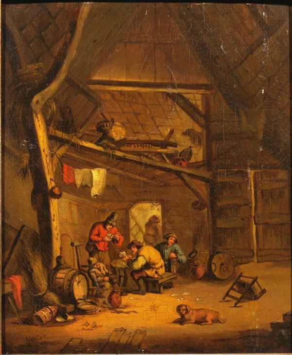 Maniera di Adriaen van Ostade                                                GIOCATORI DI CARTE IN UN INTERNO                                             olio su tavola, cm 30x24,5                                                  al recto iscritto  OstaDe Pinxit                                           al verso vecchia etichetta  the collection of F. Ward Esc.) OSTADE.         Interior of a Cottage
