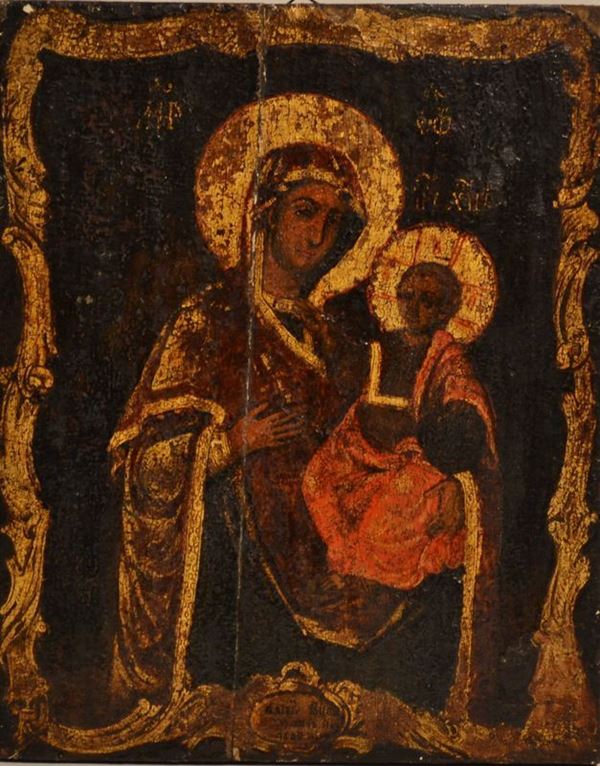 Icona russa, sec.XIX                                                         VERGINE CON BAMBINO      tempera su tavola, cm 34x27,5