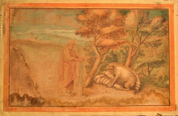 Scuola neoclassica                                                          SCENA BIBLICA                                                                tecnica mista su carta riportata su tela, cm 49,5x76,5  senza cornice