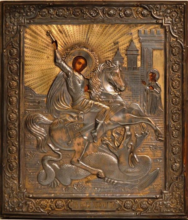 Icona Russa, secc.XIX-XX SAN GIORGIO CHE UCCIDE IL DRAGO tempera su tavola con riza in metallo, cm 31x27
