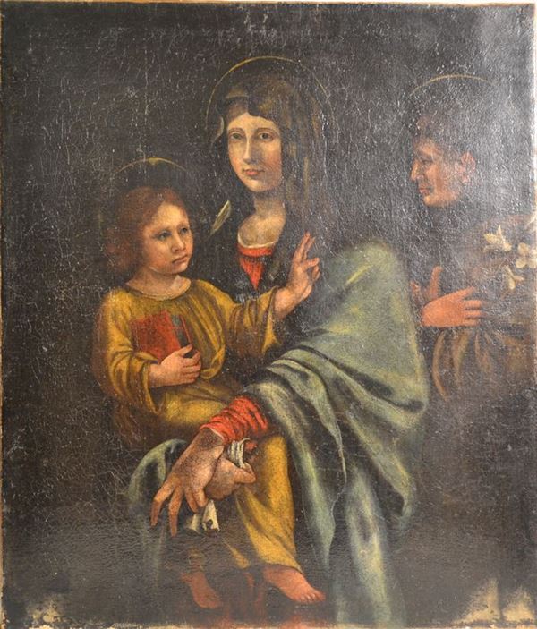 Scuola Italia settentrionale, fine sec. XVII-inizi XVIII                     MADONNA CON BAMBINO E SANTI                                                 olio su tela, cm 101,5x87  senza cornice