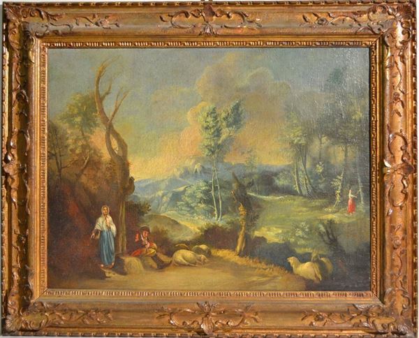 Maniera della pittura veneta del '700 PAESAGGIO CON FIGURE olio su tela, cm 69,5x78,5