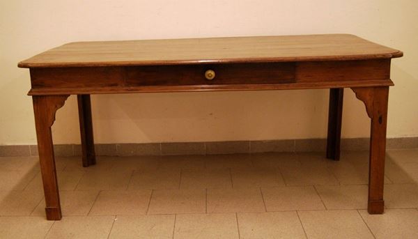 Tavolo, Emilia, sec. XVIII, in noce, gambe a colonna, un cassetto, cm 177x88x80