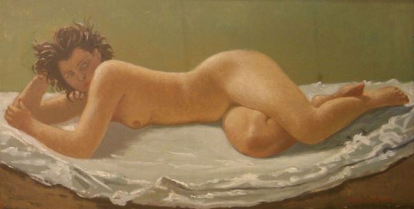 Giovanni Colacicchi (Anagni 1900- Firenze 1999)  NUDO FEMMINILE  olio su tavola, cm 48x25