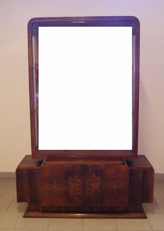 Vetrina, Deco', in legno e radica, due sportelli, aperture laterali, cm 124x45x180
