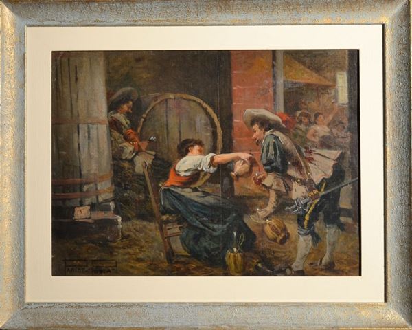 Paride Pozzato   (Rovigo 1899 - Venezia 1971)    MOSCHETTIERI                                                                olio su tela applicata su tavola, cm 36x48                                   firmato