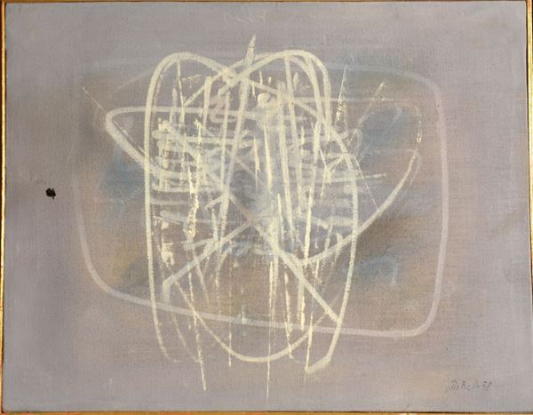Bruno Di Bello     (Torre del Greco 1938)   SENZA TITOLO                 olio su tela, cm 35x45                                                       firmato e datato                                                                                                                                        eseguito nel 1958  - Asta Antiquariato e Collezionismo - Poggio Bracciolini Casa d'Aste