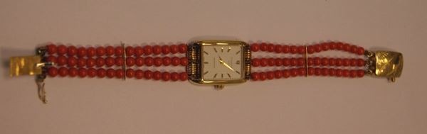 Orologio da polso per signora Tissot Fascination, con bracciale di sfere di corallo e fermaglio in oro