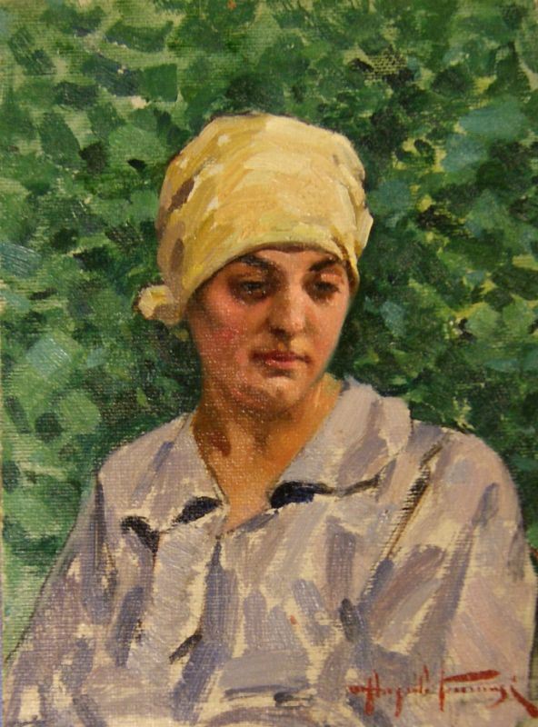 Angelo Tommasi (Livorno 1858- Torre del Lago 1923)  CONTADINELLA  olio su cartoncino, cm 16,5x12