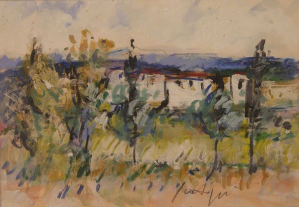 Sergio Scatizzi (Gragnano 1923- Firenze 2009)  CAMPAGNA TOSCANA tempera su carta, cm 35x50