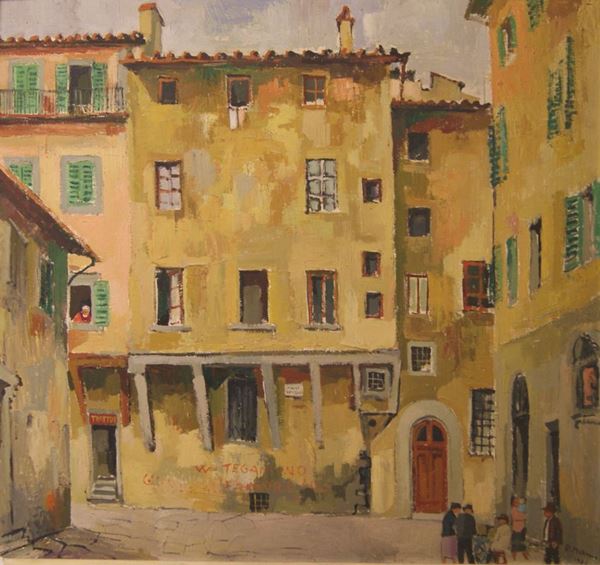 Rodolfo Marma (Firenze 1923-2009)  PIAZZA DEL CAPITOLO  olio su faesite, cm 77x82  - Asta Antiquariato e Collezionismo - Poggio Bracciolini Casa d'Aste