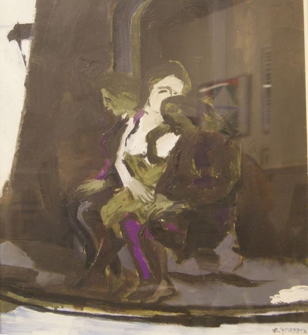 Renzo Grazzini (Firenze 1912-1990)  FIGURE SEDUTE  olio su tavola, cm 68x58  - Asta Antiquariato e Collezionismo - Poggio Bracciolini Casa d'Aste