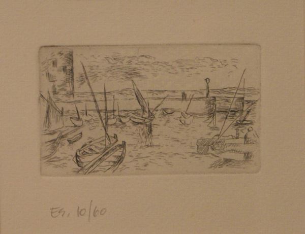 Carlo CarrÃ  (Quargnento 1881-Milano 1966)  IL PORTO DI CAMOGLI  acquaforte, , cm 6x11.  es. 10/60, edizione postuma del 1971