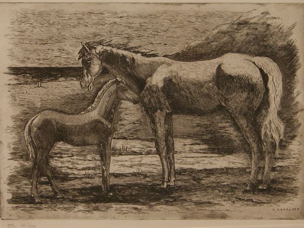 Carlo CarrÃ  (Quargnento 1881-Milano 1966)  CAVALLO E PULEDRO  acquaforte, cm 25,5x36  es. 10/60, datata 1928 in lastra, edizione postuma del 1971