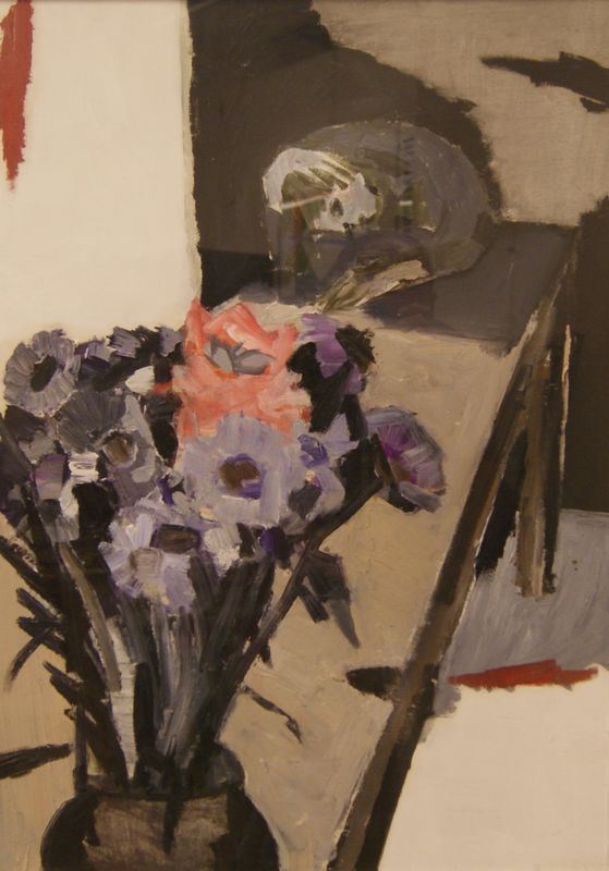 Renzo Grazzini (Firenze 1912-1990)  INTERNO CON FIGURA E FIORI olio su compensato, cm 70x50