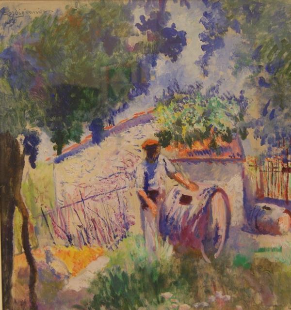 Edoardo Gordigiani (Firenze 1867-1 Marradi 1961)  CONTADINO E CASOLARE  olio su tela, cm 64x82
