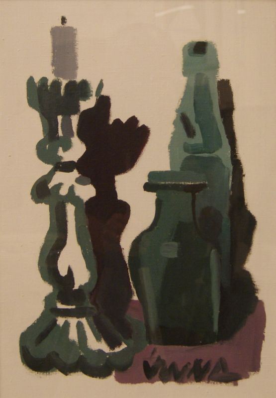 Lucio Venna (Venezia 1897- Firenze 1971)  NATURA MORTA CON VASO E BOTTIGLIA, olio su tela, cm 50x35