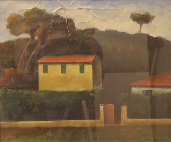 Nino Tirinnanzi (Greve in Chianti 1923-2002)  PAESAGGIO CON CASA COLONICA  olio su tela, cm 50x60  cadute di colore