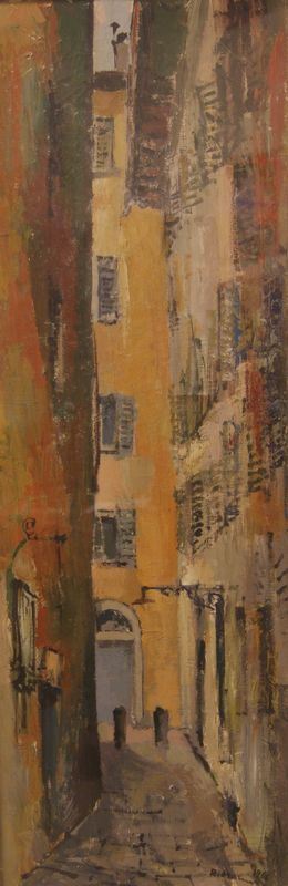 Rodolfo Marma (Firenze 1923-1999)  VICOLO DELL'ONESTA'  olio su tela, cm 100x35