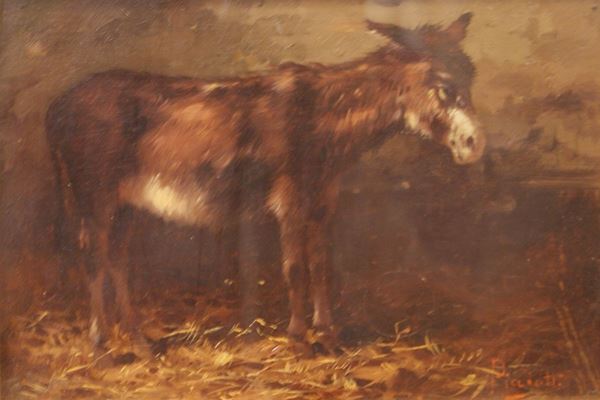 Picciotti ASINO NELLA STALLA  olio su tavoletta, cm 19x26