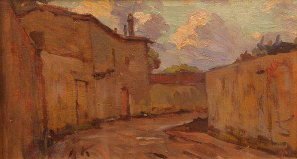 Anonimo, sec. XX  SCORCIO DI STRADINA  olio su tavoletta, cm 15x26,5