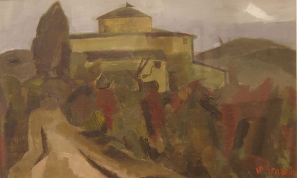 Renzo Grazzini (Firenze 1912-1990)  PAESAGGIO CON COLONICA  olio su tavola, cm 26x43  - Asta Antiquariato e Collezionismo - Poggio Bracciolini Casa d'Aste