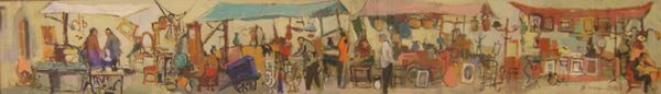 Rodolfo Marma (Firenze 1923-1999)  ANGOLO DEL MERCATO DELLE PULCI  olio su tela, cm 20x130