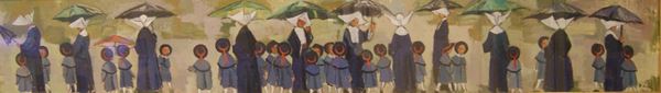 Rodolfo Marma (Firenze 1923-1999)  MONACHINE E BAMBINE olio su faesite, cm 20x130