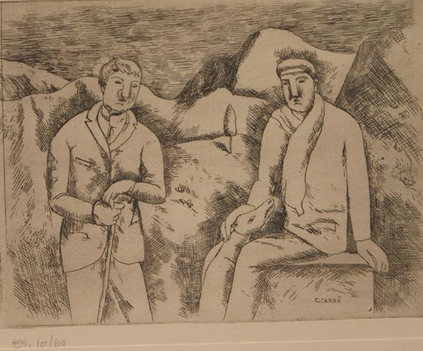 Carlo CarrÃ  (Quargnento 1881-Milano 1966)  PASSEGGIATA IN MONTAGNA  acquaforte, cm 18x24  es. 10/60, edizione postuma del 1971