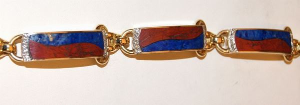 Bracciale, in oro giallo, semirigido con brillantini, diaspro e lapislazzuli, marcato Torrini, gr. 63