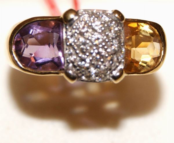 Anello, in oro giallo con ametista, quarzo citrino e pave' di brillanti, marcato Torrini, ct 0,40 e gr. 11