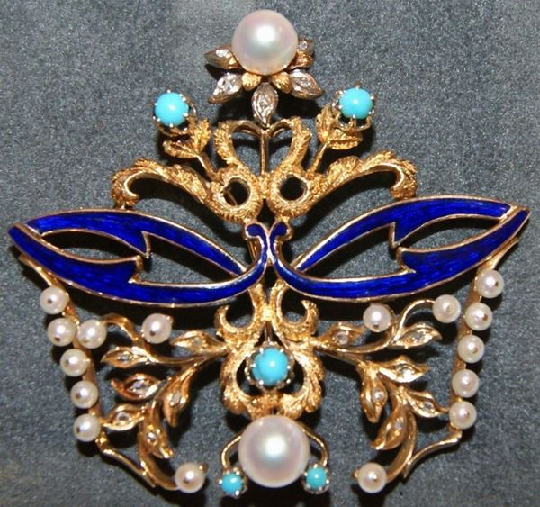 Spilla, in oro giallo e bianco, con perle, turchesi, smalti e brillantini, marcata Torrini, gr. 23