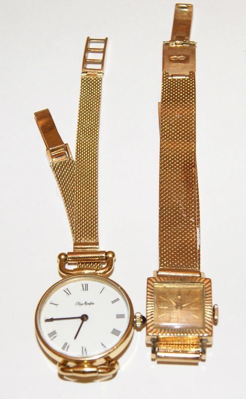 Due orologi da polso per signora, marca Tudor e Clay Montier, con cassa e cinturino in oro giallo, gr. 64 (2)