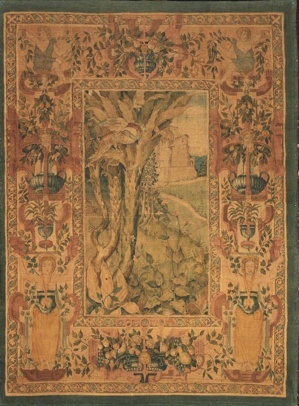 Succo d'erba, fine sec. XIX con paesaggio                                architettonico con palme e airone, cm 240x140  - Asta Antiquariato, Collezionismo & Gioielli - Poggio Bracciolini Casa d'Aste